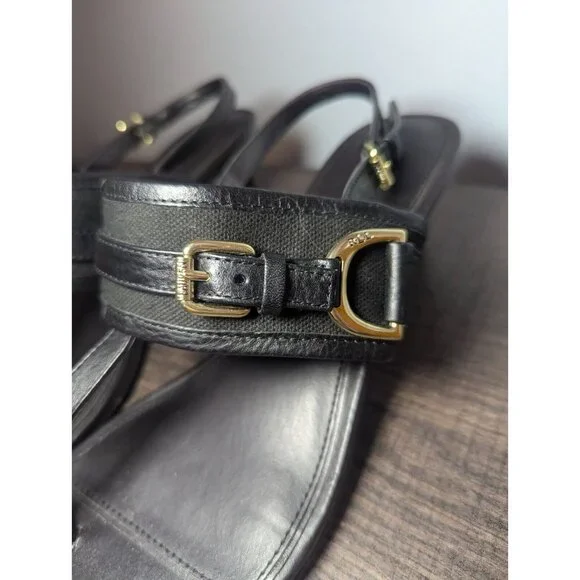 Ralph Lauren Womens Leather Adjustable Slingback T-Strap Thong Sandal Black 8 - Picture 4 of 11